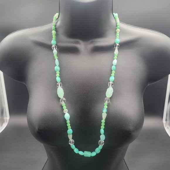 Art Deco Fluorescent UV Glows Faux Green Jade Malachite Glass Necklace 28" - Picture 1 of 9
